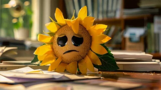 Sad and exhausted sunflower with stacks of documents on an office desk, hard work and burnout syndrome concept.