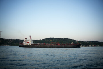 cargo ship in the Bosphorus with forest view behind