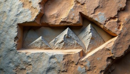 Arrow carved into a weathered rock, pointing to a mountain range, panorama, sign