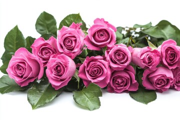 Obraz premium Set of beautiful pink roses with lush green leaves isolated on white background 