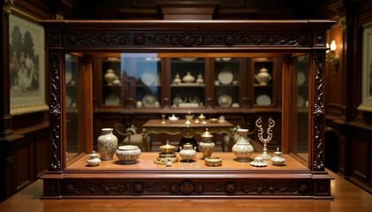 Wooden display case with ornate carvings, holding treasures, handmade, treasure, retro