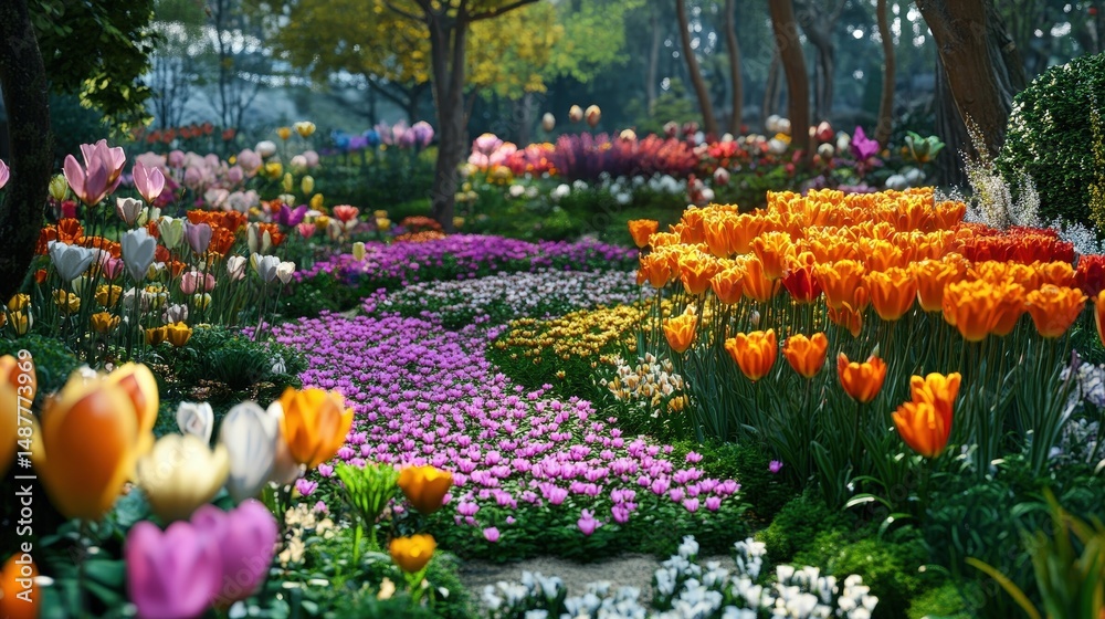 Poster an ai-controlled garden where the flowers change colors and forms based on algorithms
