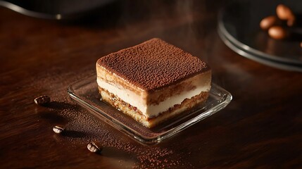 Square Slice of Tiramisu Dessert with Cocoa Powder
