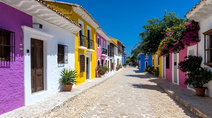 Obraz premium Colorful Houses and Cobblestone Street Under Blue Sky