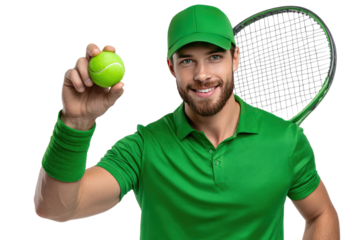 Tennis Player with Ball and Racket: A charismatic tennis player, sporting a vibrant green outfit, exudes confidence as he holds a tennis ball, with a racket resting on his shoulder.