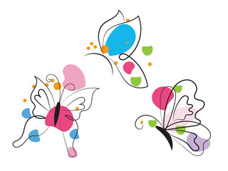 Three Abstract Butterflies with Colorful Shapes and Dots