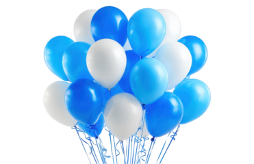 Bunch of white and blue balloons isolated on a transparent background