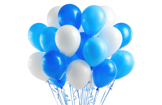 Bunch of white and blue balloons isolated on a transparent background