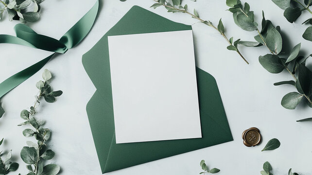 Elegant green invitation envelope with a blank white card, ribbon, and botanical accents. Perfect for stylish announcements.
