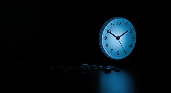 Illuminated Clock and Medications on a Dark Surface at Night