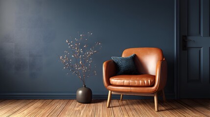Elegant Leather Armchair with Decorative Cushion in Dark Blue Cozy Room – Modern Interior Decor