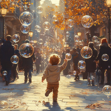 Little boy running with bubbles in street.
