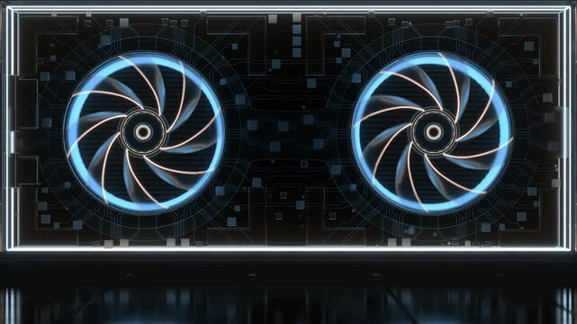 Front view of a Modern video card, GPU with illuminated RGB cooling fans rotating in a seamless loop. Tech background. Ultra HD 4K 3840x2160 3D animation.