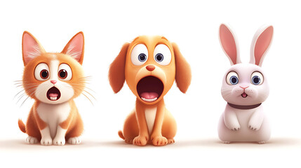 Three cartoon animals?an orange cat, a brown dog, and a white rabbit?expressing surprise in a playful scene