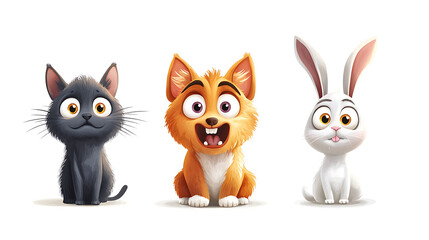 Obraz premium Three adorable animated pets, a black cat, a playful corgi, and a white rabbit, sitting together
