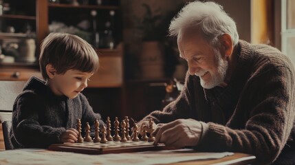 A grandfather playing chess with his grandchild, both deeply focused and smiling