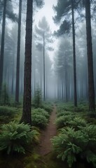 Fototapeta premium Misty morning light filters through the green forest trees, creating a foggy woodland landscape