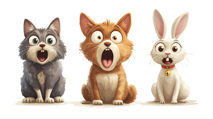 Three animated pets, a surprised cat, dog, and rabbit, expressing excitement in a colorful setting