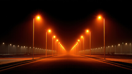 The illuminated street lights stretch far into the distance on a dark night, creating a mesmerizing perspective leading into an unseen horizon location.