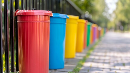 Colorful Trash Cans on a Pathway