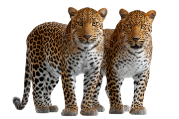 Leopards Together: Two powerful and majestic leopards stand side by side, their intense gaze locked on the viewer, showcasing the grace and beauty of these magnificent creatures.
