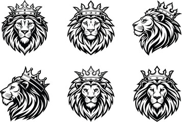Collection of six lion head illustrations wearing crowns in black and white vector format design