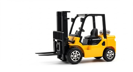 Yellow toy forklift sits brightly lit against white background. AI Generated