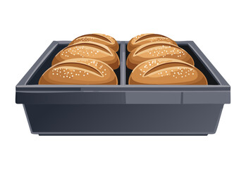 Freshly Baked Bread in Black Tray - Vector Illustration