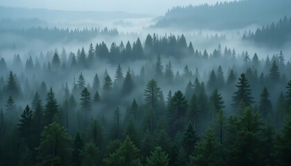 Morning mist creates a serene landscape of green pine trees in the fog-covered mountains under a cloudy sky
