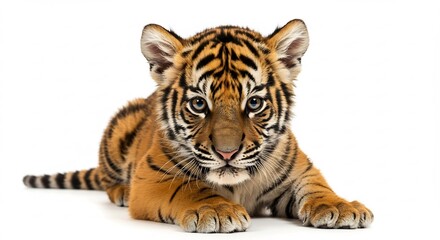 Obraz premium Adorable tiger cub rests peacefully against a stark white background bathed in soft even light. AI Generated