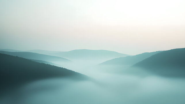Captivating misty landscape mountain range photography foggy environment aerial view pastel mint tones