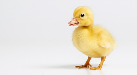 Cute fluffy duckling poses playfully against bright white background. AI Generated