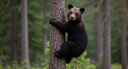 Young brown bear climbs tree softly dappled sunlight filters through forest canopy. AI Generated