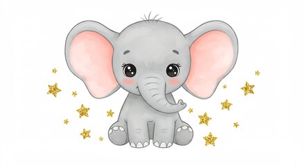 Fototapeta premium Adorable baby elephant playfully sits amidst golden stars soft watercolor illustration. AI Generated