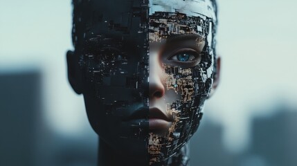 A humanoid AI whose face is malfunctioning, one side appearing photorealistic while the other side flickers into glitchy noise