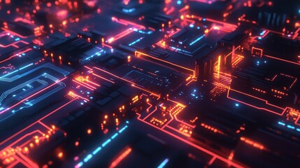 Obraz premium A hyper-connected smart city at night, where digital data streams flow between buildings like glowing circuits