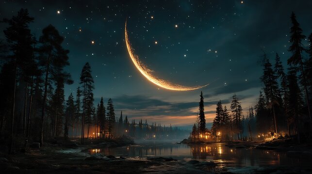 Magical Crescent Moon Night with Forest Lake, and Fantasy.