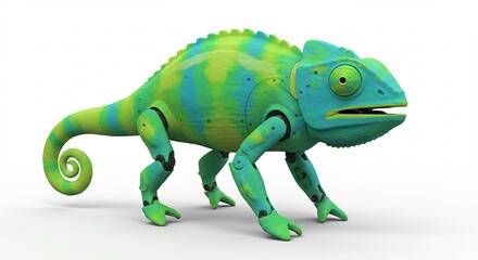 Obraz premium Vibrant robotic chameleon strides forward brightly lit against pure white background. AI Generated