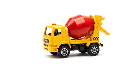 Fototapeta premium Yellow toy cement mixer truck brightly lit against white background. AI Generated