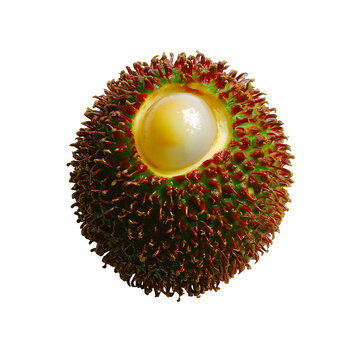 A vibrant whole pulasan fruit isolated on a white background perfect for food blogs websites and culinary publications showcasing its unique texture and color