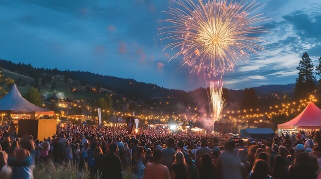 A lively crowd watching fireworks light up the sky during an outdoor festival or celebration
