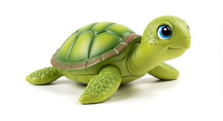 Fototapeta premium Adorable baby sea turtle toy playfully poses against bright white background. AI Generated