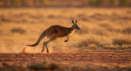 Kangaroo leaping across a dusty, golden plain at dawn.
