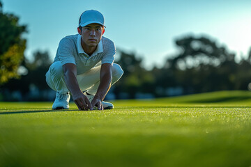 Man kneels on grass, aligning golf ball.