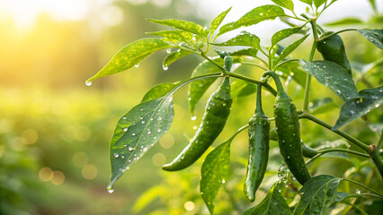Green Chilies in field, Green Chilies with water drop in field in natural Background, Green Chilies...