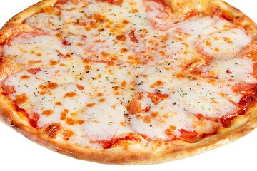 Pizza with bacon and cheese, herbs and cherry tomatoes. With mozzarella, shrimps