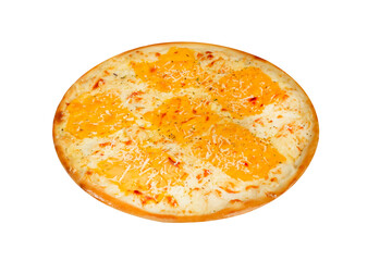 Pizza with bacon and cheese, herbs and cherry tomatoes. With mozzarella, shrimps
