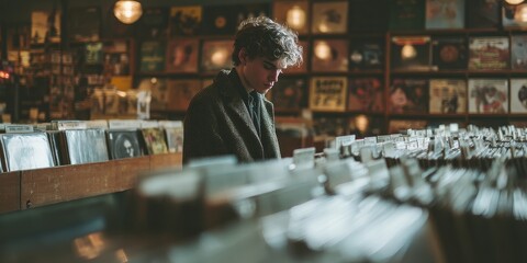 A person browses through numerous vinyl records in a music store.