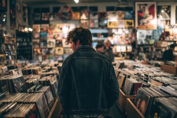 Interior view of a record store, person browsing vinyl.