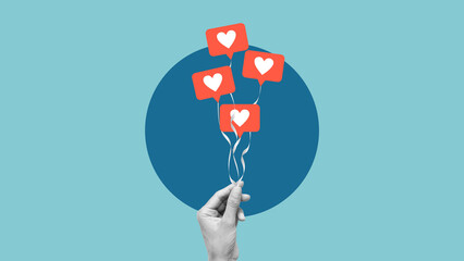 Concept of social media influence, popularity and digital marketing. blogger rises to the top with the help of likes which look like balloons